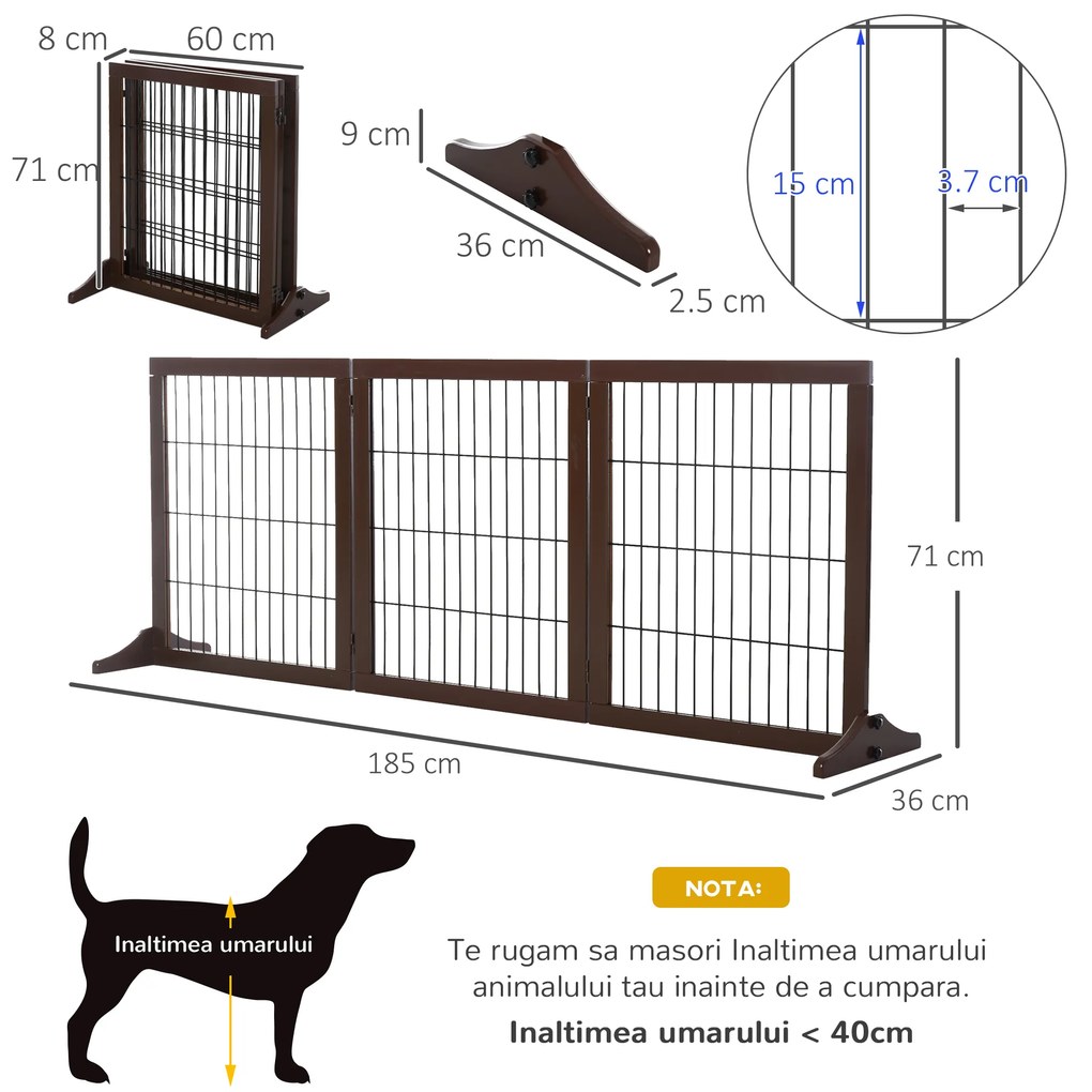 PawHut Barieră pentru Câini Pliabilă și Reglabilă din Lemn de Pin și Metal, 185x36x71 cm, Maro | Aosom Romania