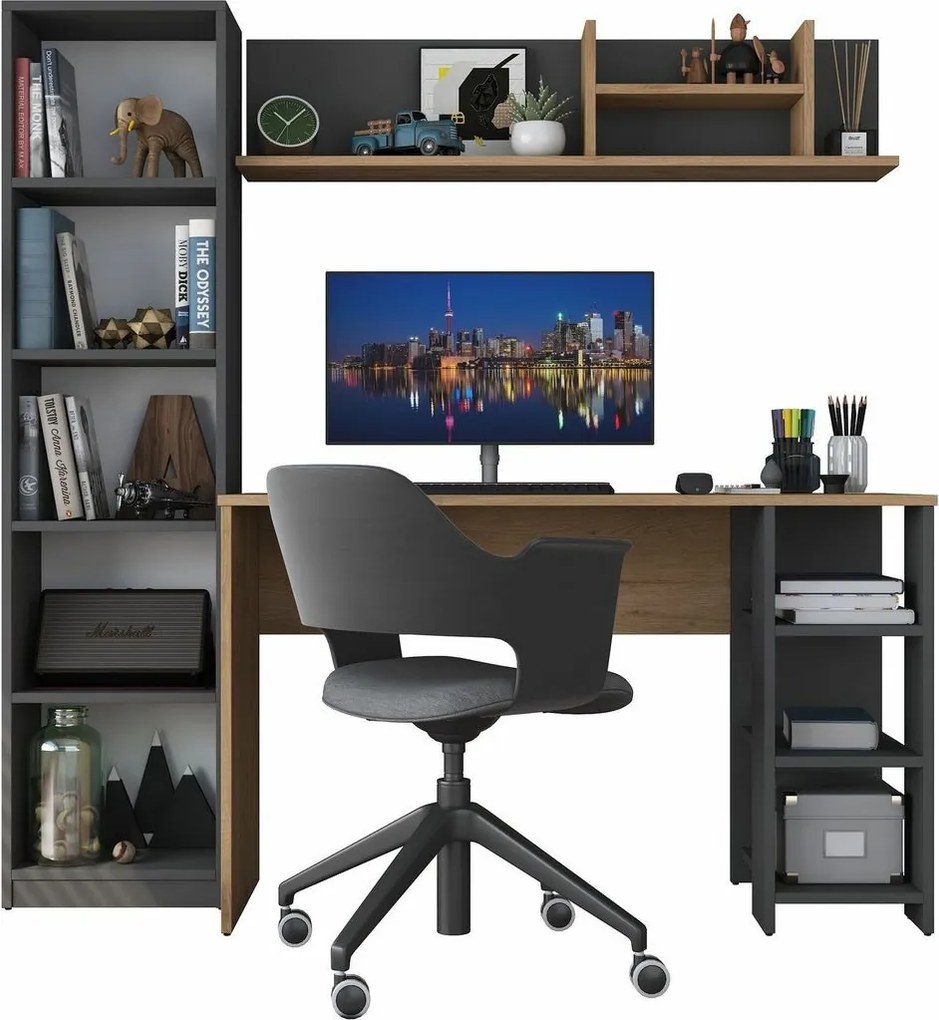 Birou cu bibliotecă Hado Walnut și Anthracite