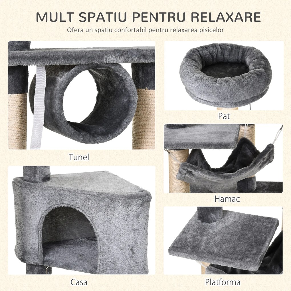 PawHut Stalp de zgarieturi pentru Pisici cu Cusca Hamac Patucuri Suspendate si Stalpi din Franghie Sisal Gri 60x40x154cm | Aosom Romania