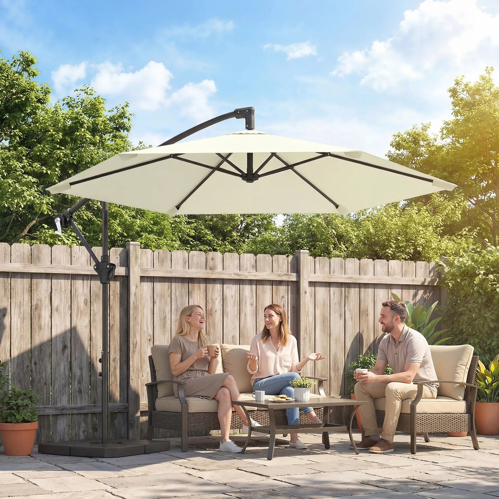 Outsunny Umbrelă cantilever 3 m cu bază încrucișată și plăci de greutate, umbrelă de grădină exterioară cu manivelă, crem | Aosom Romania