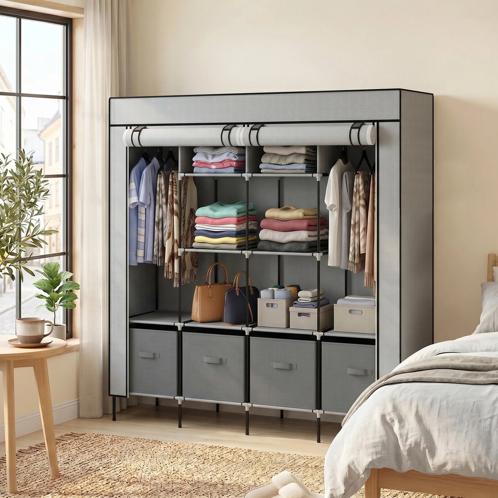 HOMCOM Dulap Portabil din Material Textil și Oțel, Garderobă cu 10 Rafturi, 4 Sertare și 2 Bare, 166x42,5x169,5 cm, Gri | Aosom Romania