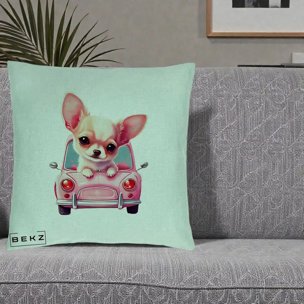 Perna Decorativa Chihuahua Roz in Masinuta, 40x40 cm, Verde Menta, Husa Detasabila, Perna Inclusa, BEKZ®