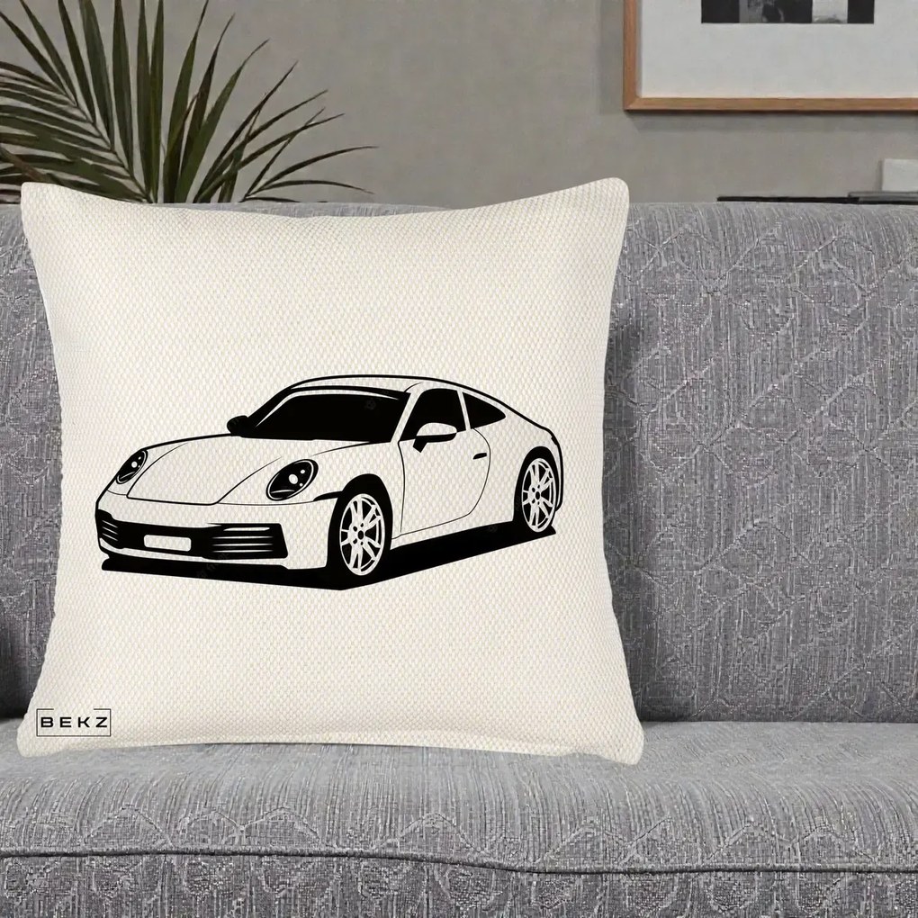 Perna Personalizata Porsche 911 Silueta, 40x40 cm, Crem Reliefat, Husa Detasabila, Perna Inclusa, BEKZ®