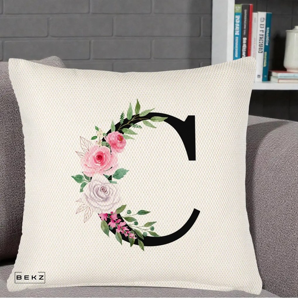 Cadou Personalizat - Perna Personalizata Monograma Florala Litera C, 40x40 cm, Crem Reliefat, Husa Detasabila, Perna Inclusa, BEKZ®
