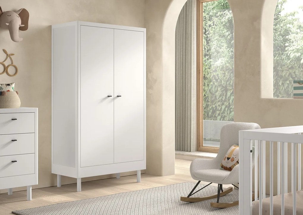 Set Mobilier Camera Copii Forrest Beech, Pat 90x200 cm, Dulap cu 2 Uși și Noptieră, din Lemn Masiv de Fag, Alb – Vipack