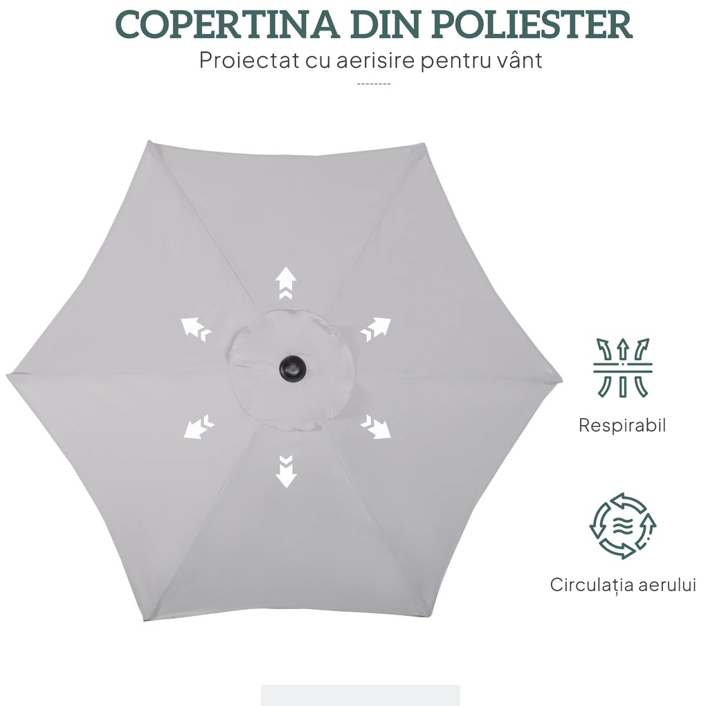 Outsunny Umbrelă Rotundă de Grădină cu Manivelă, Structură din Aluminiu, Φ196x200cm, Gri Deschis | Aosom Romania