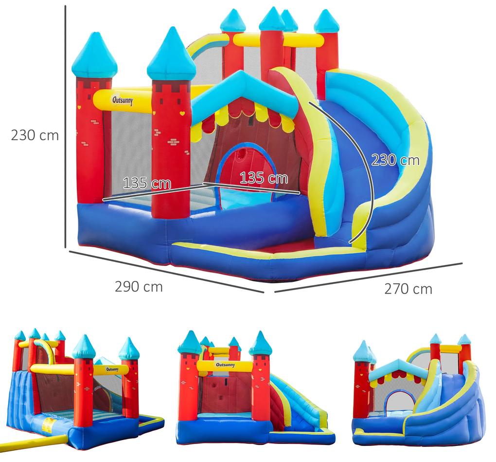 Outsunny Castelul Gonflabil 4 în 1 pentru Copii de la 3 la 8 ani cu Tobogan, Trambulina, Piscina si Pompa incluse, 290x270x230 cm