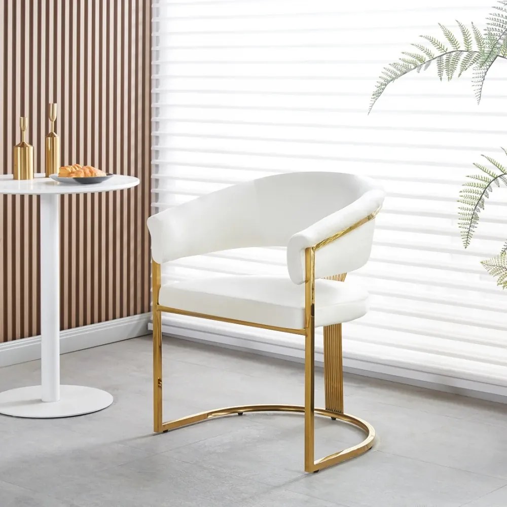 Scaun dining, cadru metalic auriu, tapiterie catifea, Alb