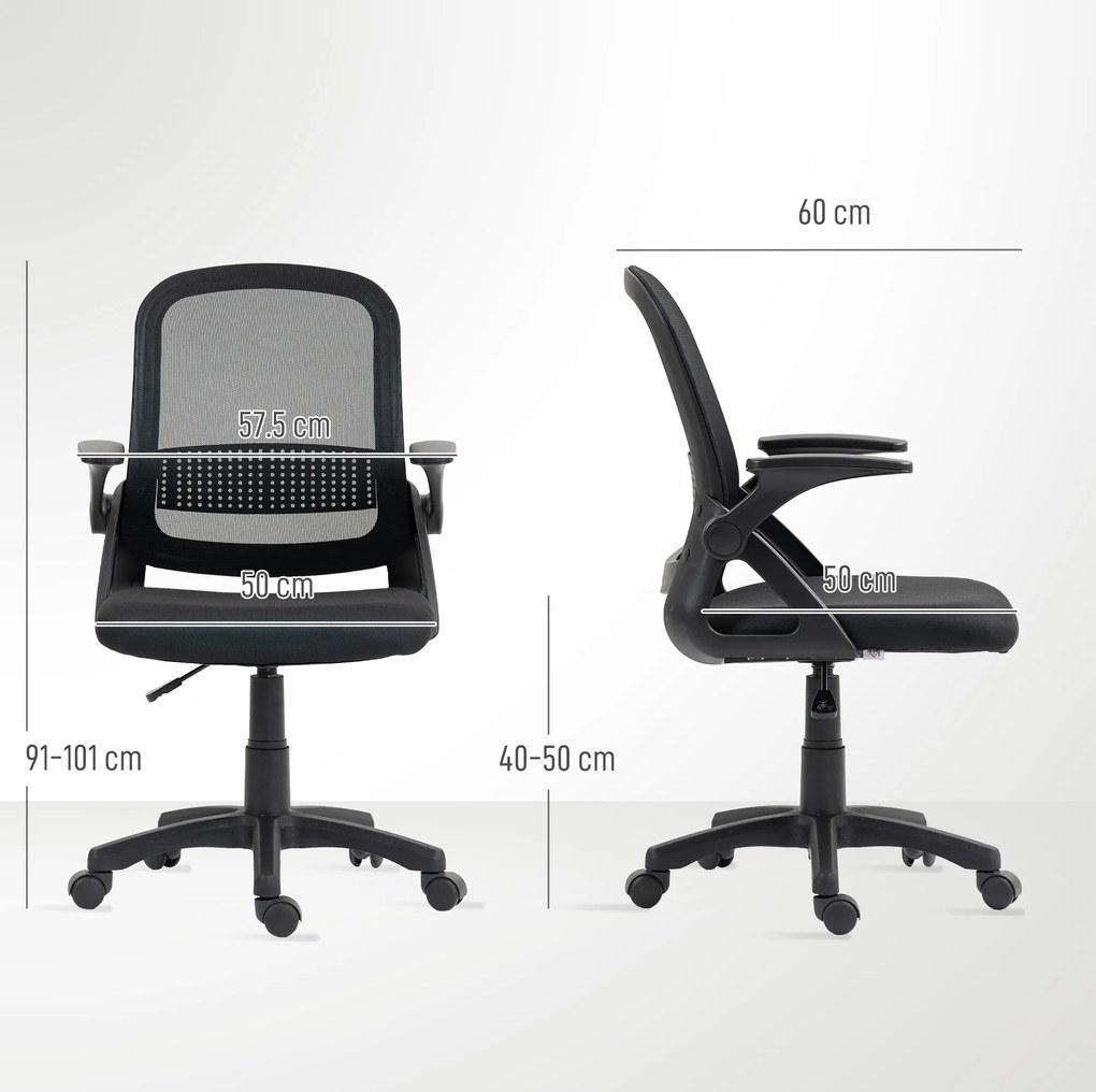 HOMCOM Scaun de birou mesh respirabil, scaun ergonomic pivotant cu cotiere rabatabile și suport lombar, Negru | Aosom Romania