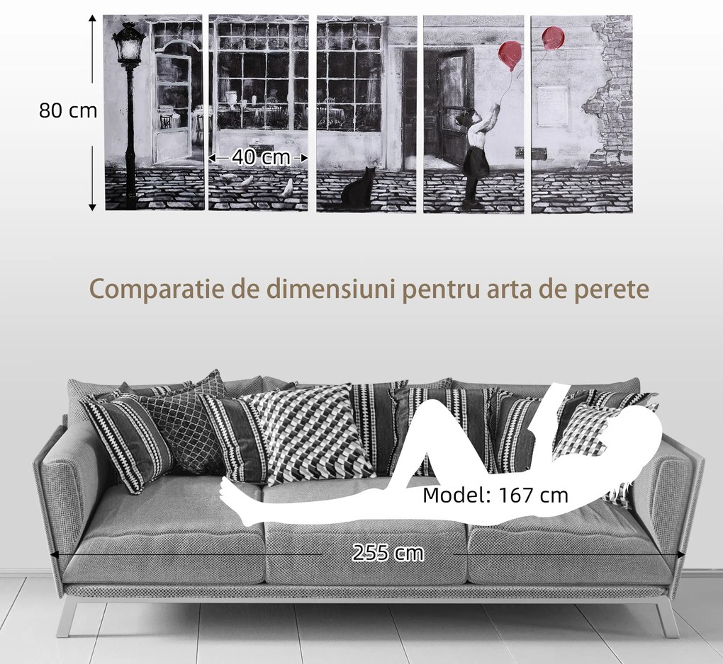 HOMCOM Ansamblu Artistic pe Pânză, 5 Tablouri Decorative cu Fată și Balon Roșu, Alb-Negru, Design Modern pentru Dormitor și Sufragerie, Cadou Ideal | Aosom Romania