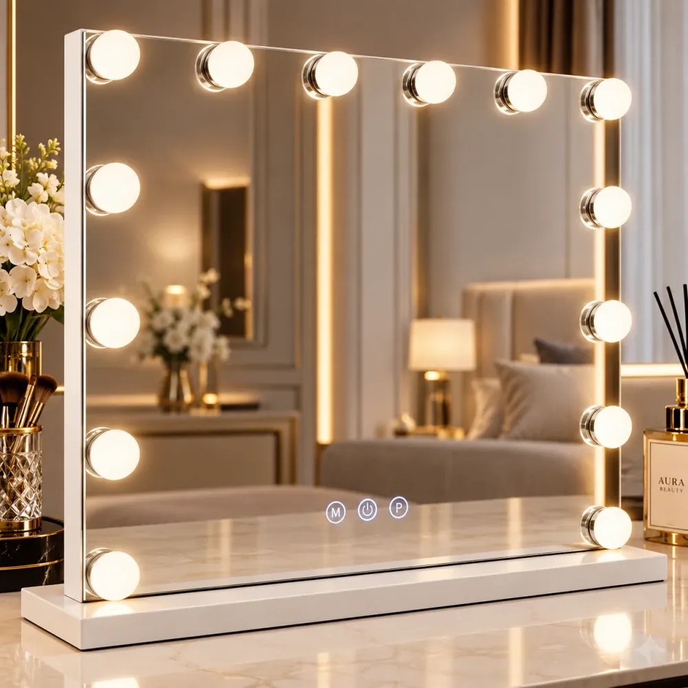 Oglindă cosmetică, 14 becuri LED, sistem iluminare LED cu 3 culori, Luminozitate reglabilă, Senzor Tactil, Port încărcare USB, Oglindă de mărire 10X, Alb, 80x65 cm