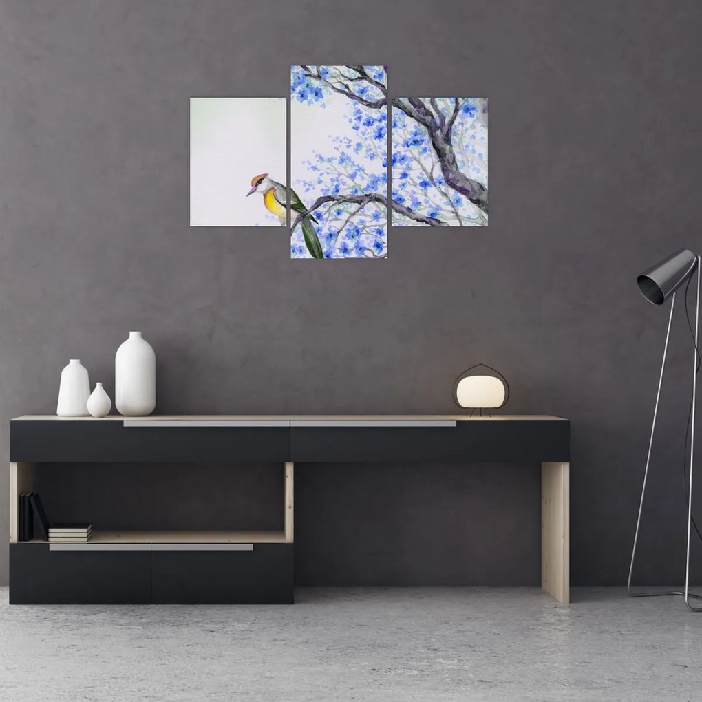 Tablou - Pasăre pe un copac cu flori albastre (90x60 cm)