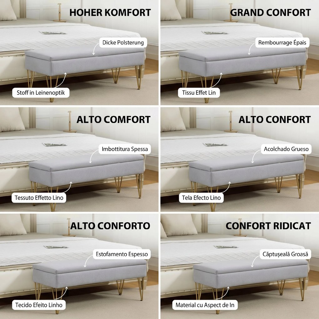 HOMCOM Bancă cu Depozitare din Material Textil și Picioare din Oțel, 100x40x49 cm, Gri Deschis | Aosom Romania