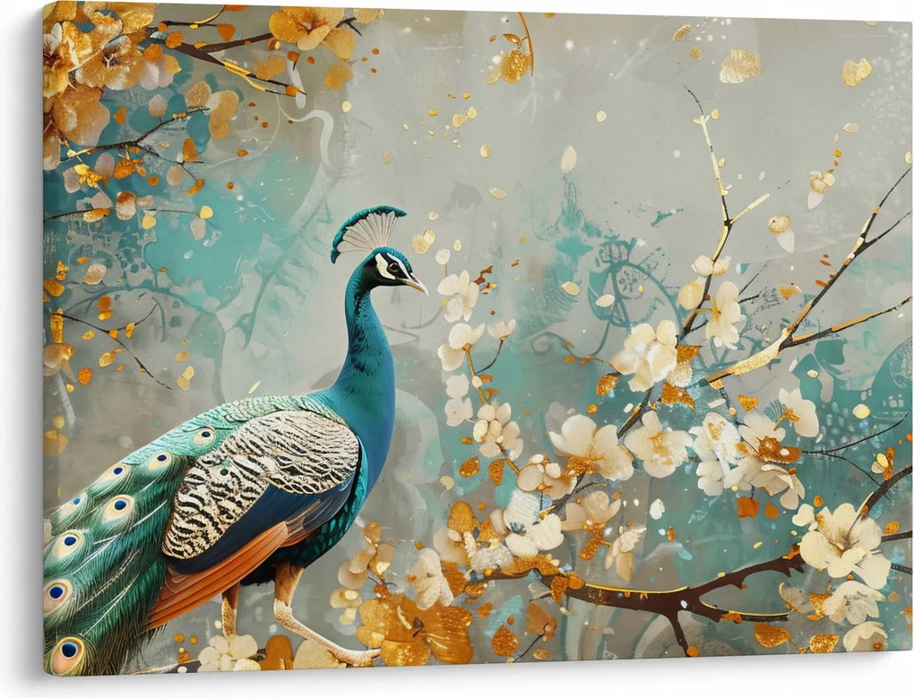 Tablou - Păun cu decor de aur (70x50 cm)