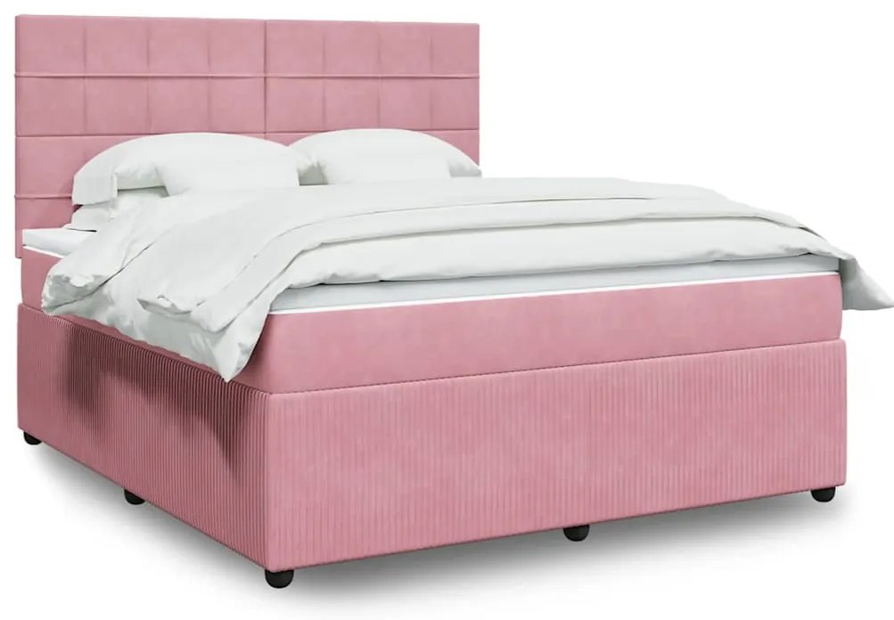 vidaXL Pat box spring cu saltea, roz, 180x200 cm, catifea