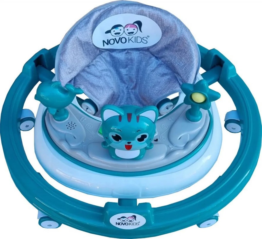 Premergator reglabil in 6 trepte de inaltime NOVOKIDS™ Happy Kitty, Cu melodii, Pliabil, Max 20 kg, Roti silentioase, Model Pisicuta, Verde Turquoise