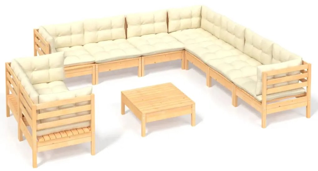 Set mobilier gradina cu perne crem, 10 piese, lemn masiv de pin maro si crem, 1