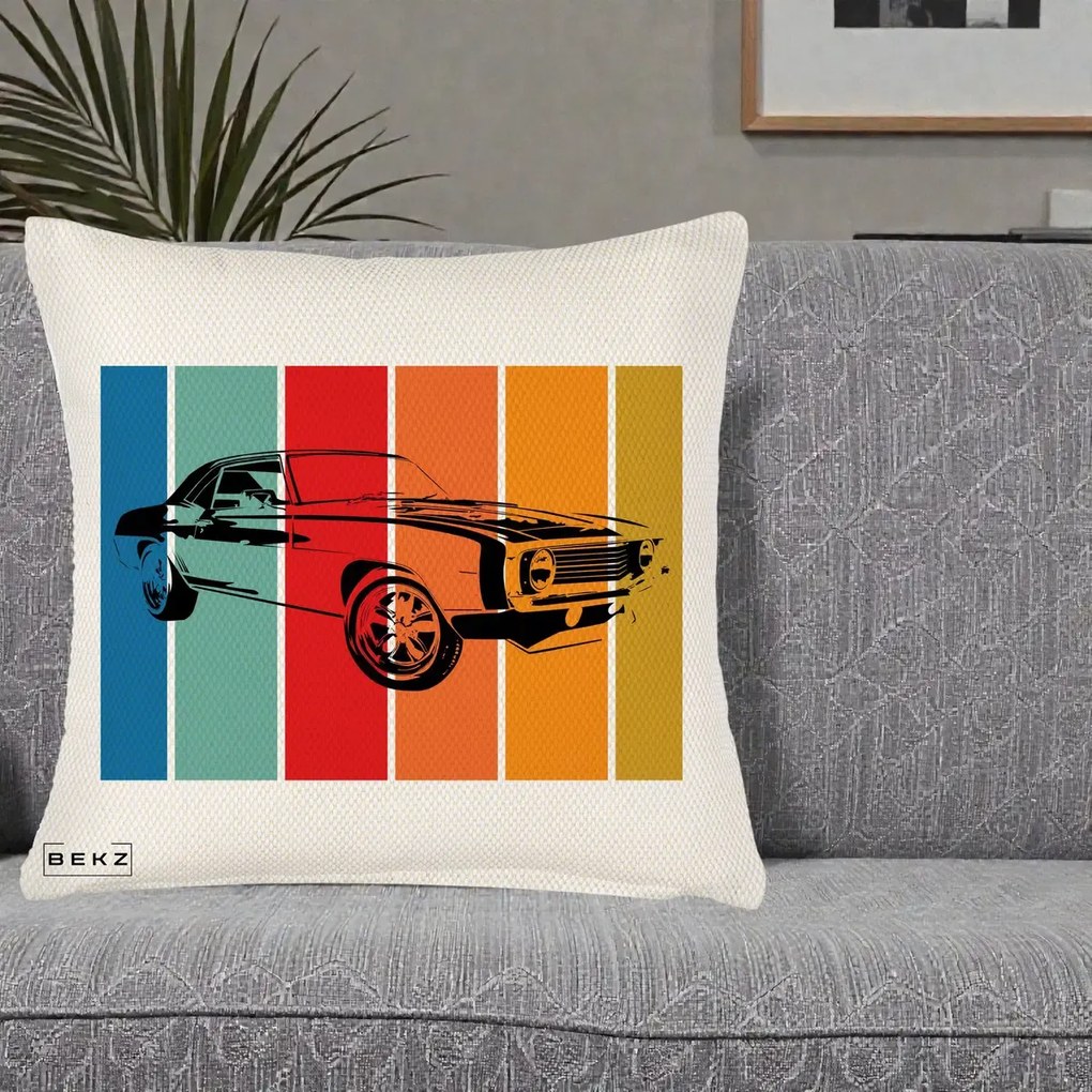 Perna Personalizata Masina Retro Muscle Car Grafic, 40x40 cm, Crem Reliefat, Husa Detasabila, Perna Inclusa, BEKZ®
