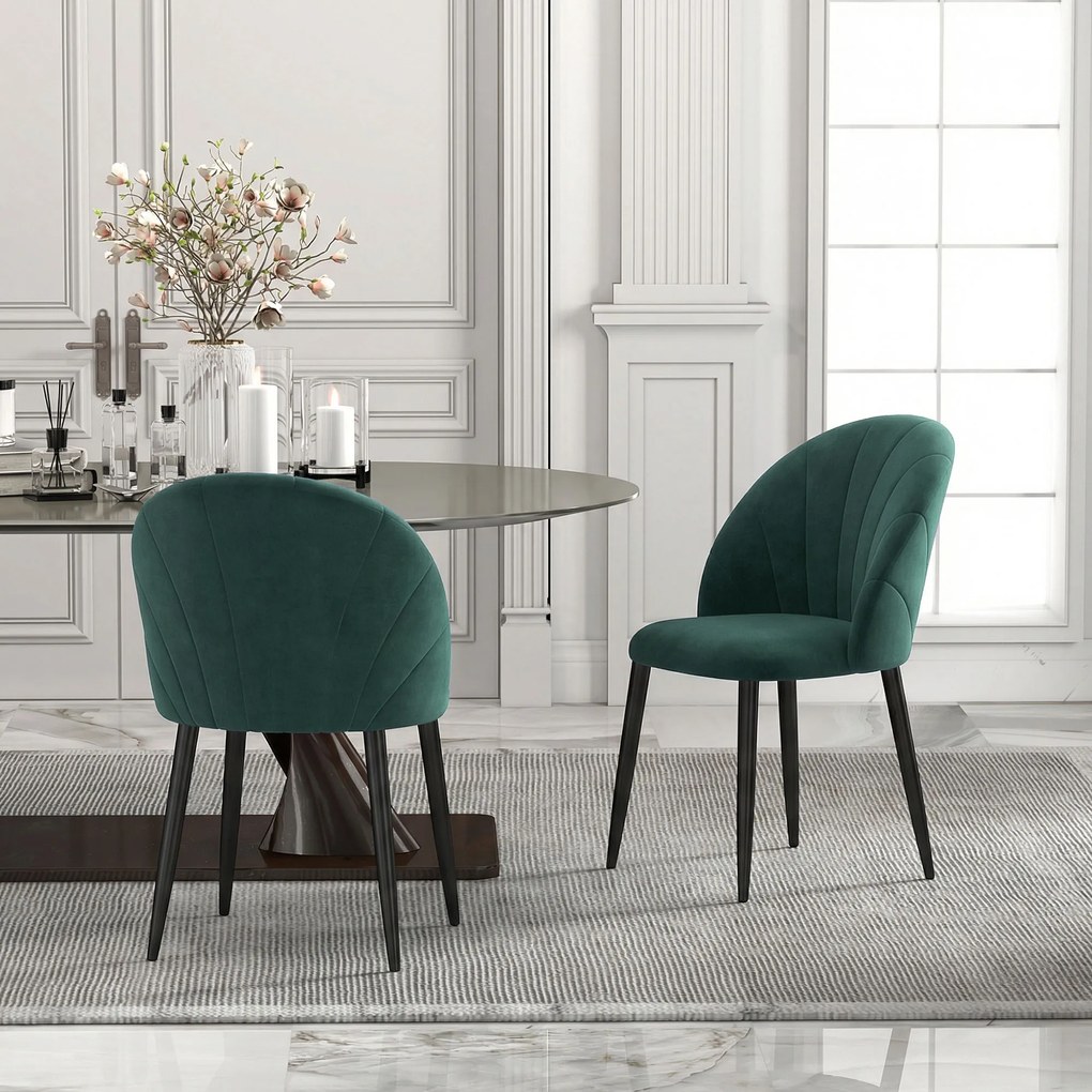 HOMCOM Set de 2 Scaune de Sufragerie din Catifea, Scaune Bucătărie cu Spătar Curbat în Formă de Scoică, Picioare din Metal, Stil Nordic, Scaun Tapițat pentru Bucătărie, Dormitor, Cameră de Zi, Verde Închis | Aosom Romania
