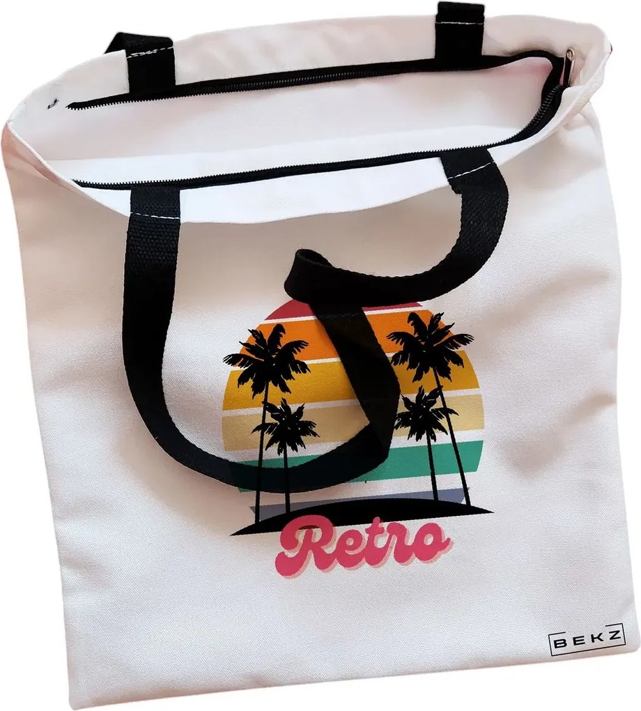 Sacosa de Panza pentru Cumparaturi, Geanta Tote, model Retro, Cu fermoar, 38x34.5 cm, Alba, BEKZ®