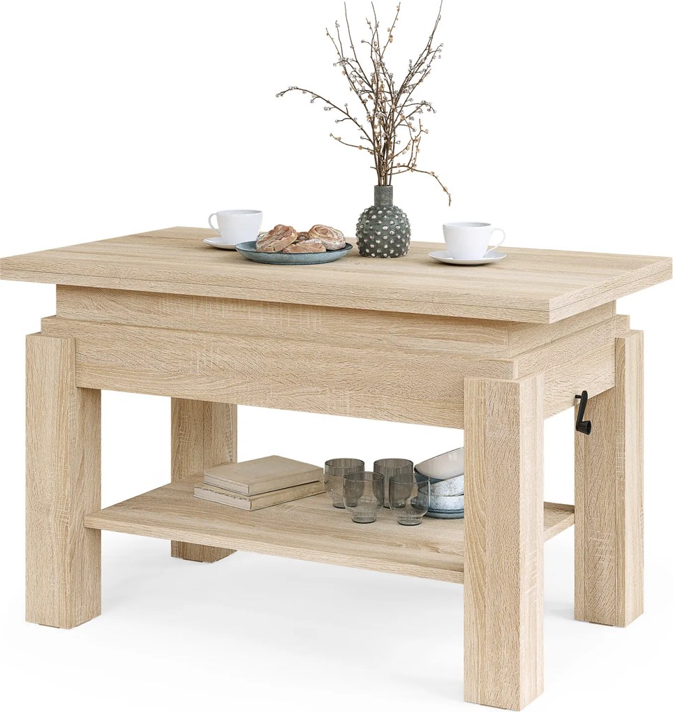 Mazzoni BRAWO Stejar Sonoma - MĂSUȚĂ DE CAFEA CU BLAT EXTENSIBIL ȘI RIDICABIL MASĂ CU RAFT