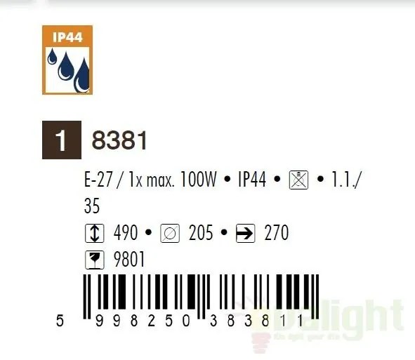 Aplica de perete exterior IP44, down light, auriu antic Toronto 8381 RX