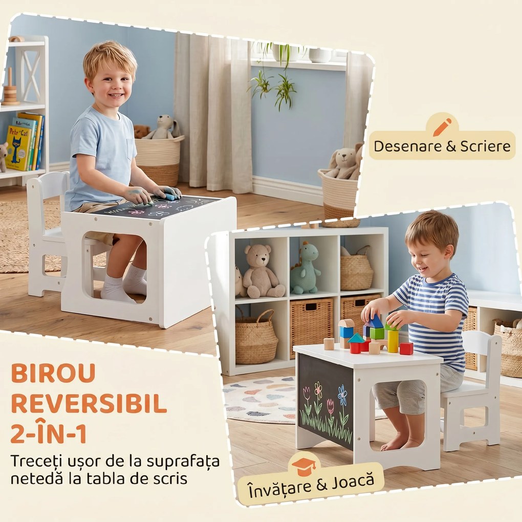 AIYAPLAY Set Masă și Scaun pentru Copii 3-6 Ani din Lemn cu Blat Reversibil, Colțuri Rotunjite, Alb | Aosom Romania