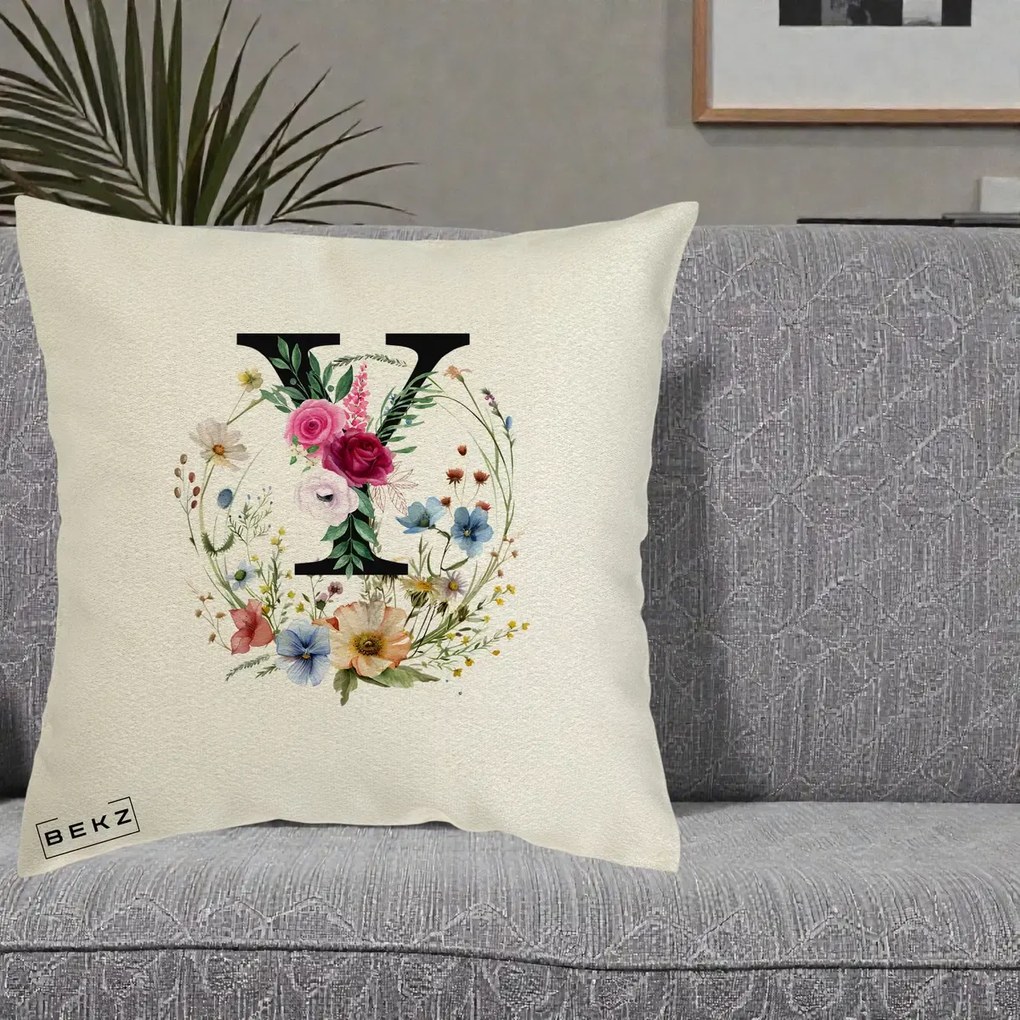 Cadou Personalizat - Perna Personalizata Monograma Florala Litera Y cu Coroana, 40x40 cm, Ecru, Husa Detasabila, Perna Inclusa, BEKZ®