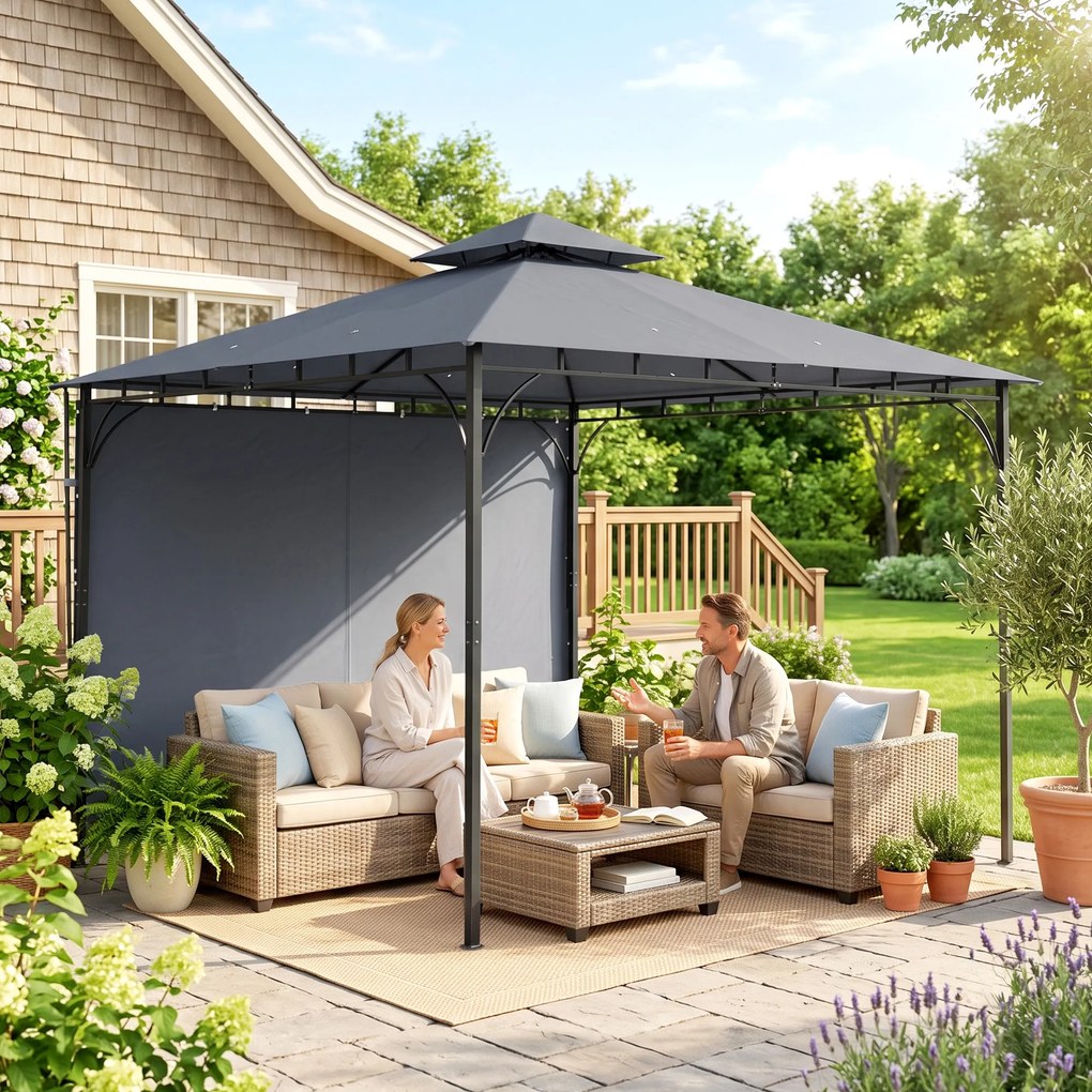 Outsunny Foișor de Grădină 3.2x3.2 m cu Acoperiș Extensibil, Foișor de Exterior cu Acoperiș Dublu Ventilat, Găuri de Drenaj, Cadru Metalic, pentru Grădină, Balcon, Petreceri, Terasă, UV30+, Gri Închis | Aosom Romania