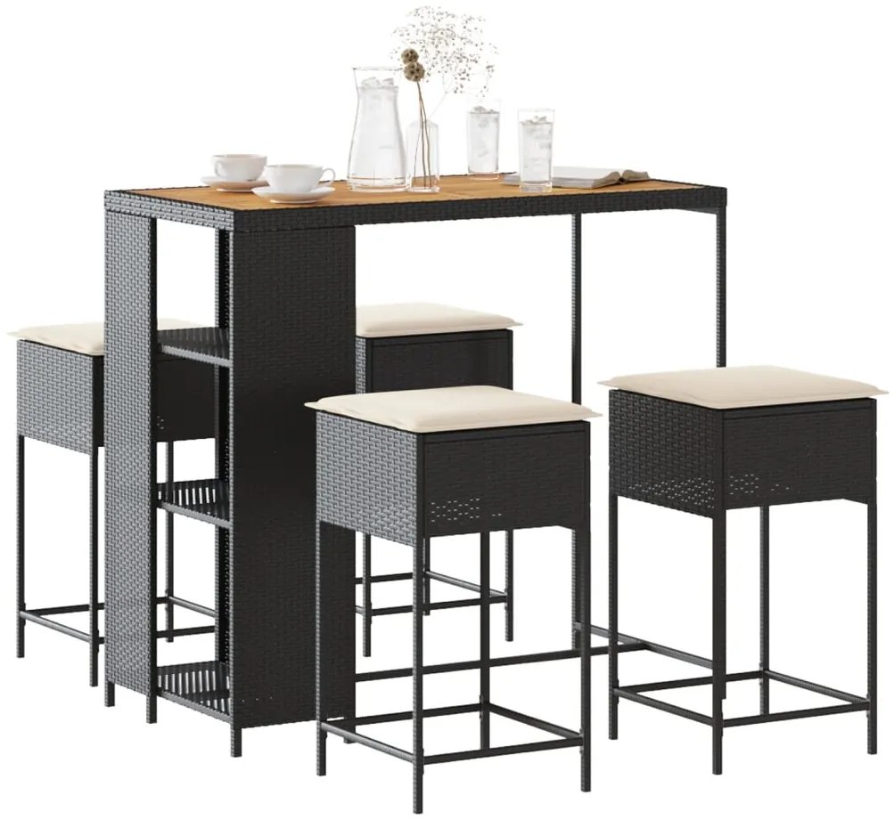 vidaXL Set mobilier bar de grădină cu perne, 5 piese, negru, poliratan