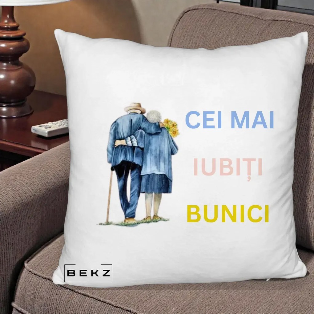 Cadou pentru Bunici - Perna Personalizata Cei Mai Iubiti Bunici Acuarela Spate, 40x40 cm, Alb Pufos, Husa Detasabila, Perna Inclusa, BEKZ®