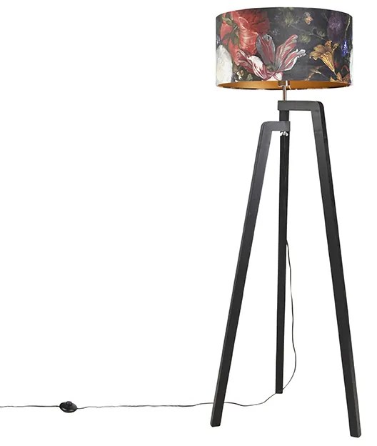 Lampă de podea trepied neagră cu abajur cu design floral 50 cm - Puros