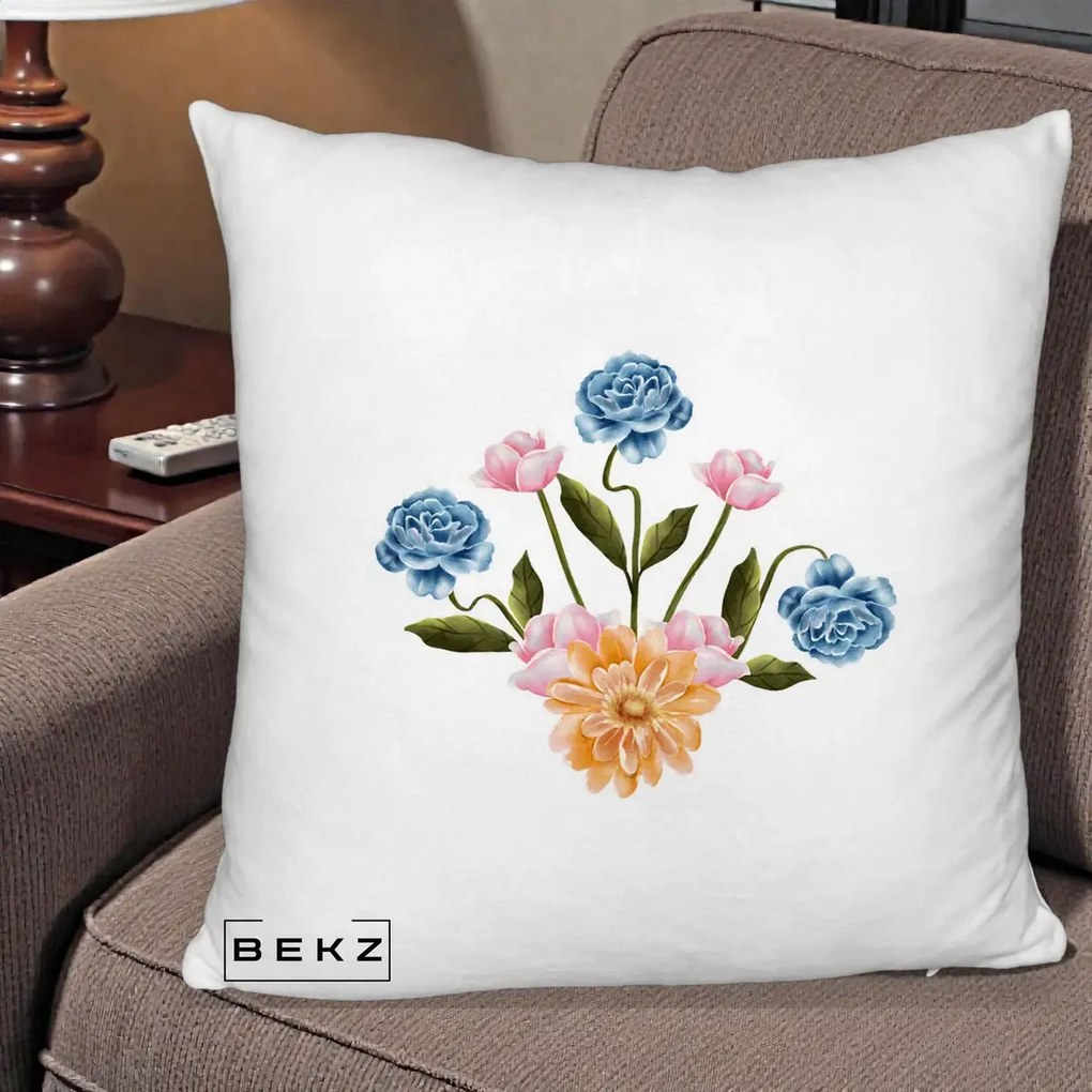 Perna Decorativa Buchet Primavara Acuarela, 40x40 cm, Alb Pufos, Husa Detasabila, Perna Inclusa, BEKZ®
