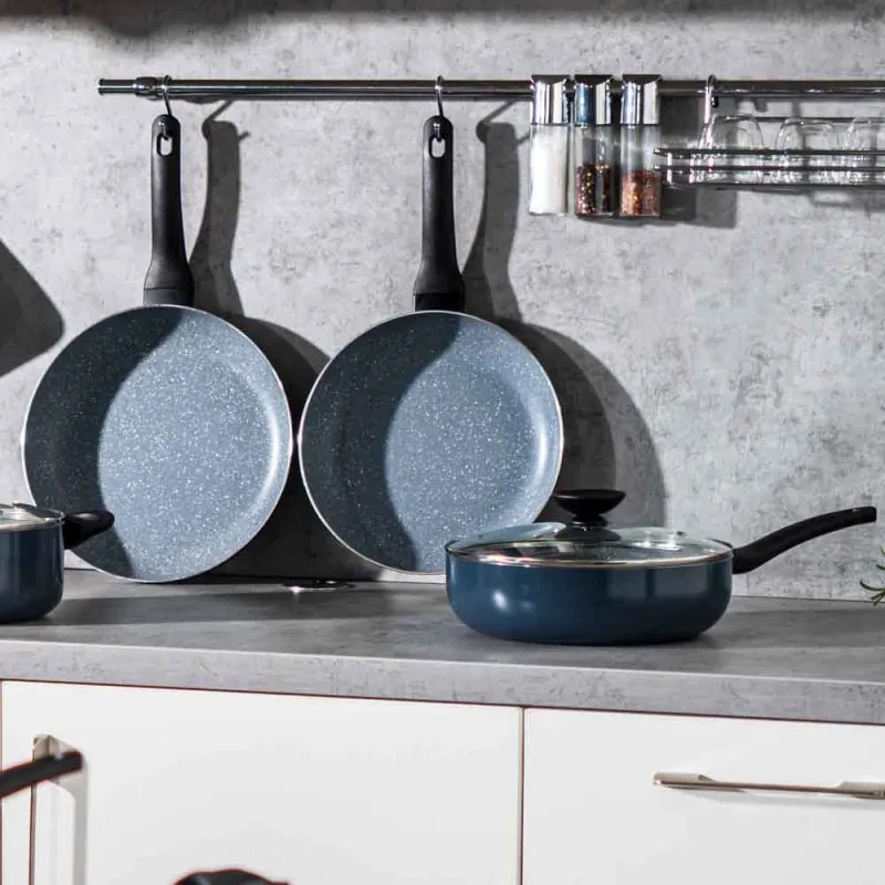 Tigaie adanca cu capac Luigi Ferrero Prima FR-2634L, 26x7.5 cm, 3.4 L, Acoperire antiaderenta cu efect de marmura, Capac sticla, Inductie, Albastru inchis