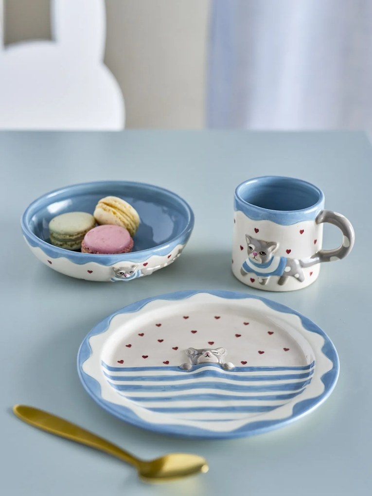 Set 3 piese din ceramică artizanală, multicolor, pictate manual cu pisică și inimi, pentru copii, „Mille"