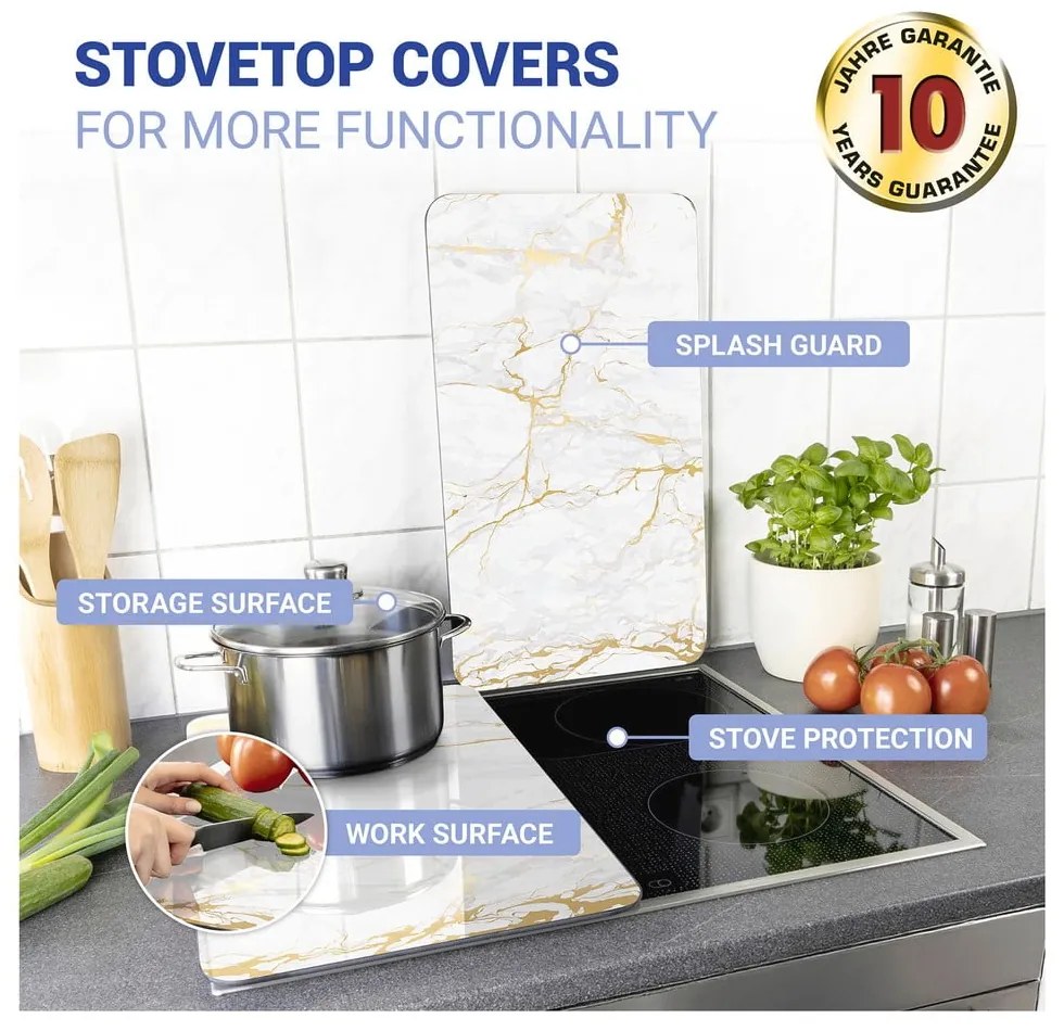 Set 2 protecții din sticlă pentru aragaz Wenko Marble, 52 x 30 cm , alb - auriu