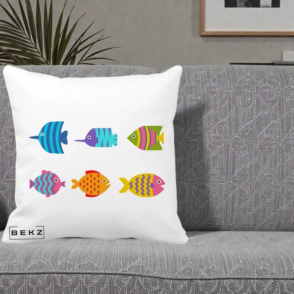 Perna Decorativa Pesti Colorati Cartoon, 40x40 cm, Alba Mata, Husa Detasabila, Perna Inclusa, BEKZ®