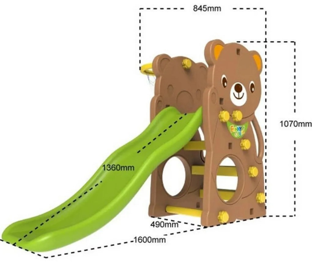 Tobogan Pentru Copii NOVOKIDS™ Happy Bear, Pentru Interior si Exterior, 136 centimetri panta alunecare, Maxim 50 Kg, Cos de baschet inclus , Ursulet,