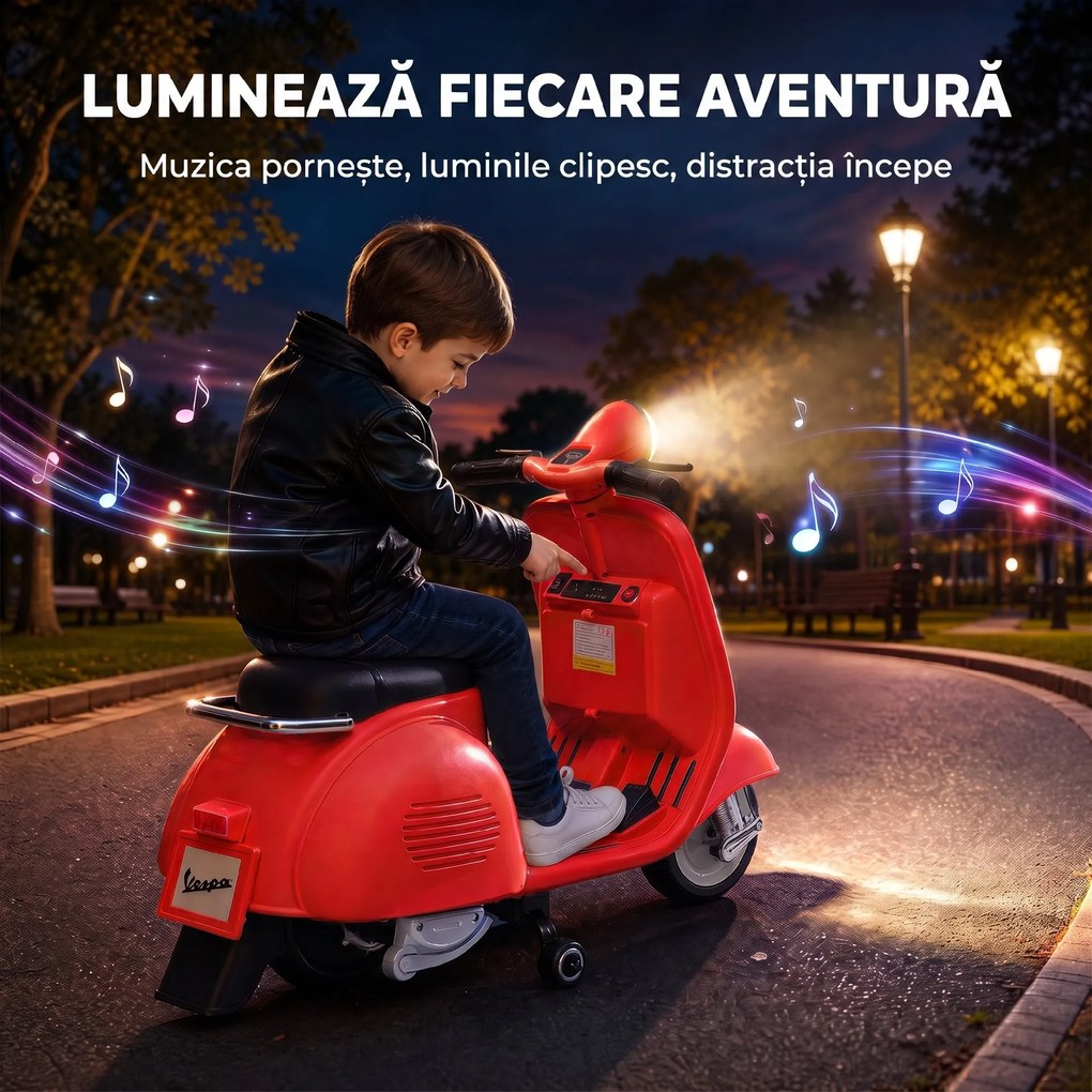 AIYAPLAY Motocicletă Electrică pentru Copii 3+ Ani, licență VESPA, 6V, cu roți ajutătoare detașabile, max. 30 kg, Roșu | Aosom Romania