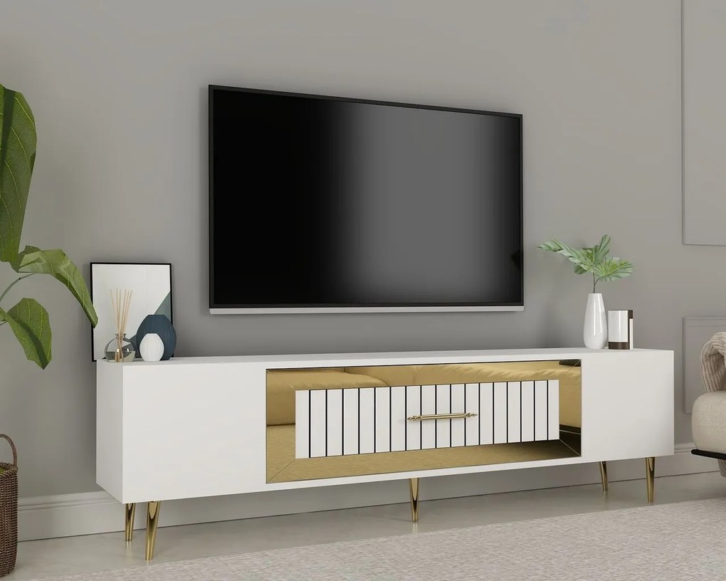 Comoda TV, Hanah Home, Dekolp3, 150x48.2x29.6 cm, Alb/Auriu