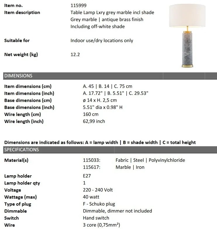 Veioza, Lampa de masa design LUX Lxry, marmura gri