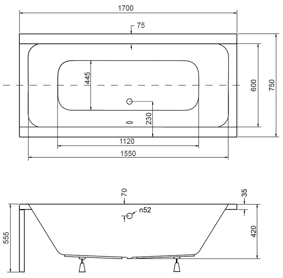 Cada baie dreptunghiulara, acril, 170 x 75 cm, Besco Quadro 1700x750 mm