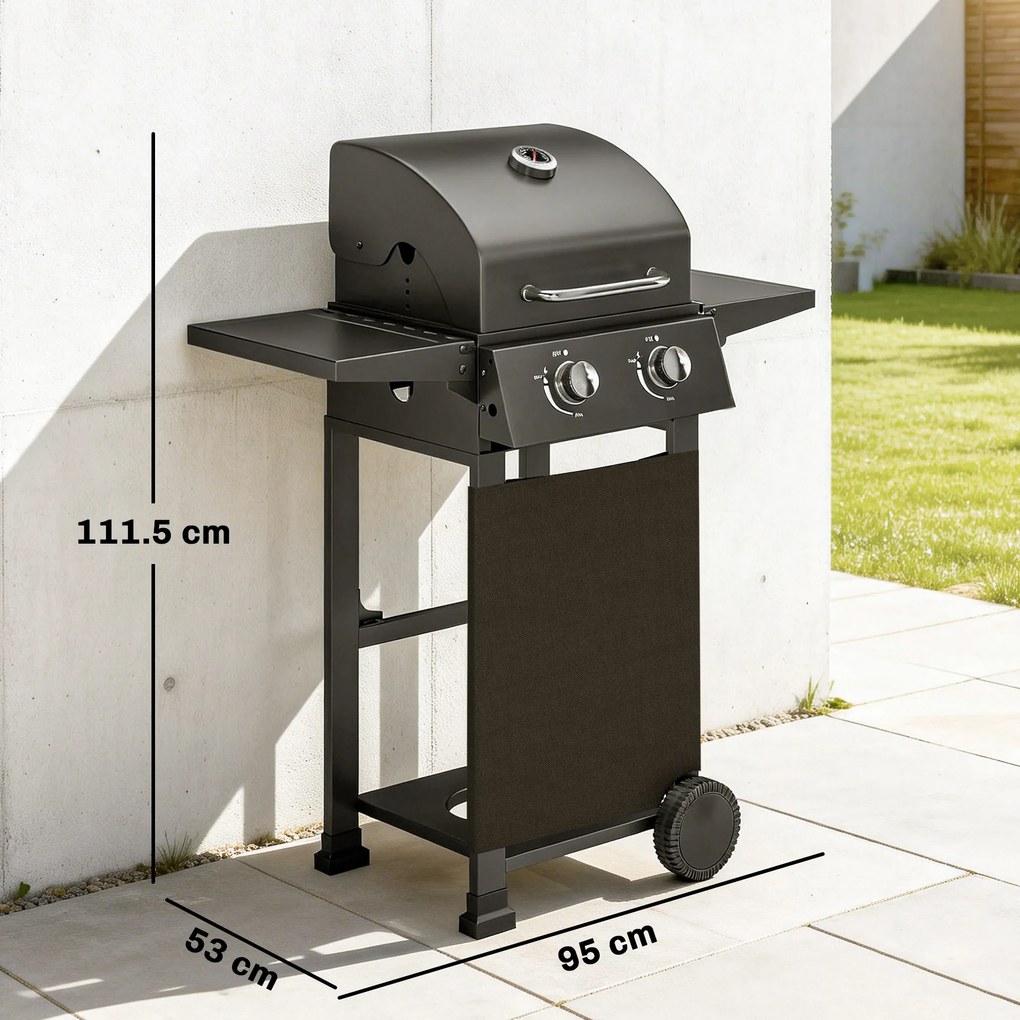 Outsunny Grătar pe gaz 5,4 KW 2 arzătoare Cărucior BBQ din oțel incl. masă laterală rabatabilă Termometru gril cromat Grătar pentru menținere la cald | Aosom Romania