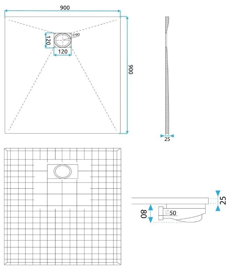 Rea Magnum Grey cadita de dus patrata x90 cm gri REA-K4106