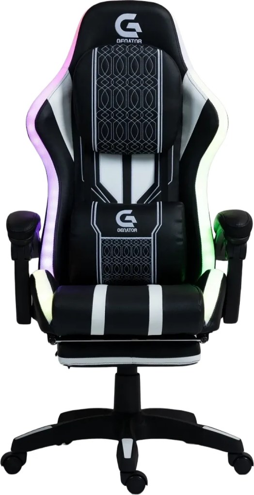 RESIGILAT- Scaun gaming HOFRE, boxe Bluetooth, sistem iluminare bandă LED RGB, masaj în perna lombară, suport picioare, PU, Negru/Alb