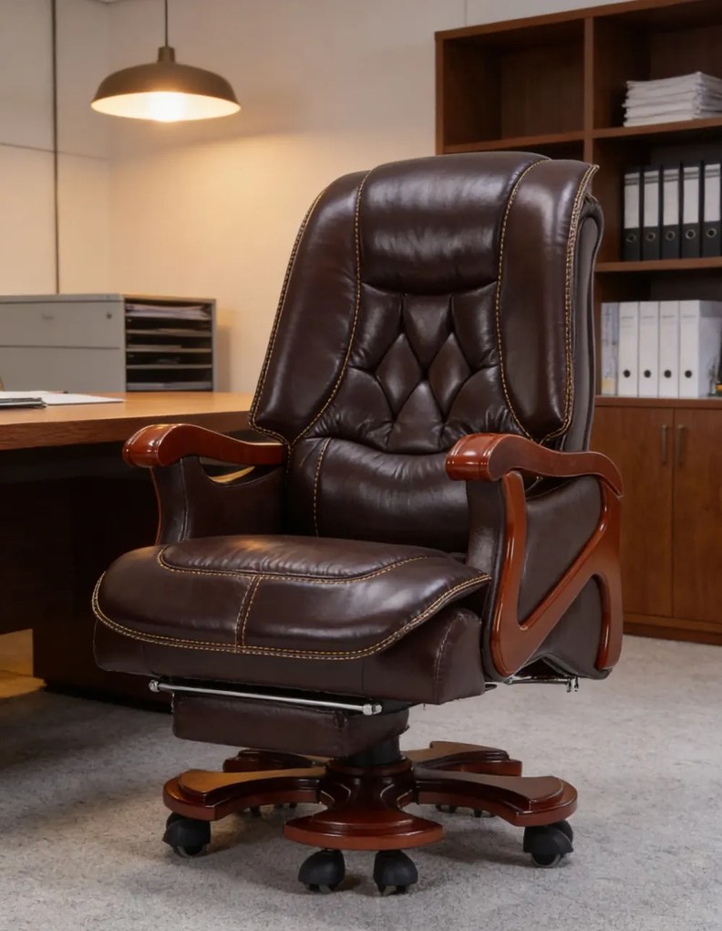 Regal Confort – Scaun directorial din Piele Naturală si Lemn Masiv, Masaj in 7 puncte, Funcție Încălzire, Înclinare 135°, Suport Picioare Extensibil, Sezut cu Arcuri, Telecomandă, Maro