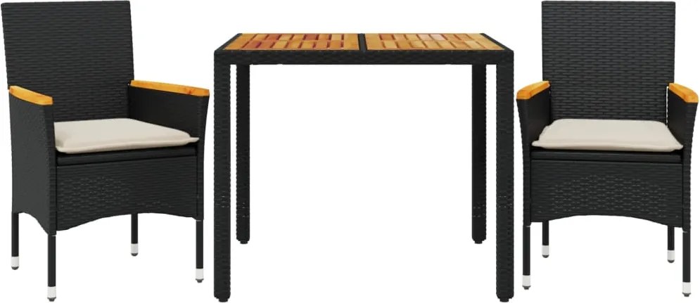 vidaXL Set mobilier grădină perne 3 piese negru poliratan/lemn acacia