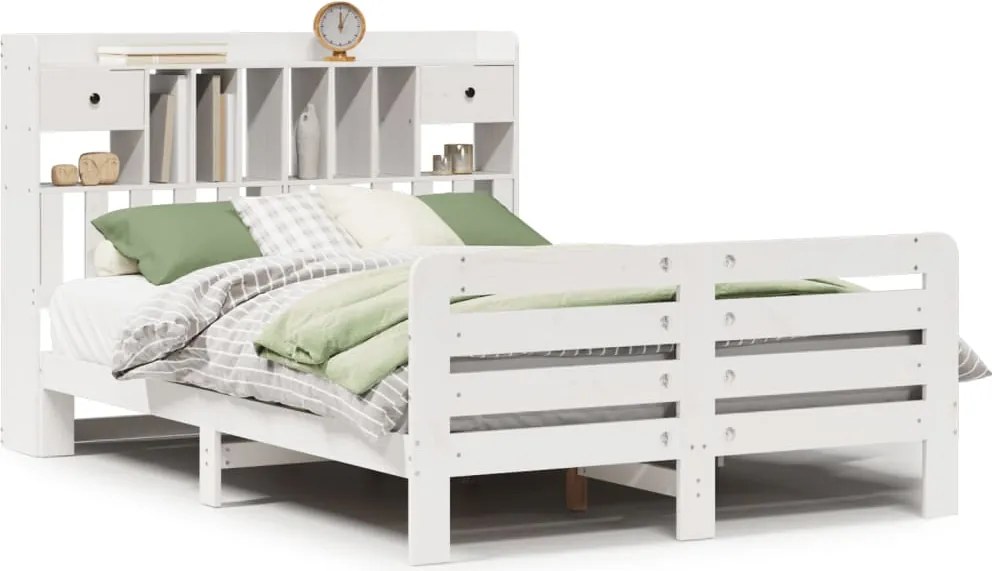 vidaXL Pat cu bibliotecă fără saltea, alb, 140x190 cm, lemn masiv pin