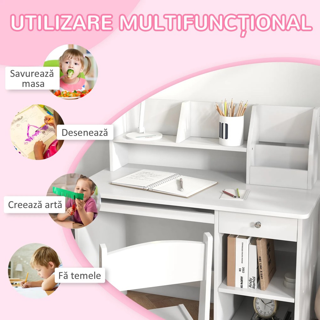ZONEKIZ Birou Copii de 5-8 ani, si cu un raft cu multe compartimente, masa si scaun pentru copii din lemn, alb | Aosom Romania