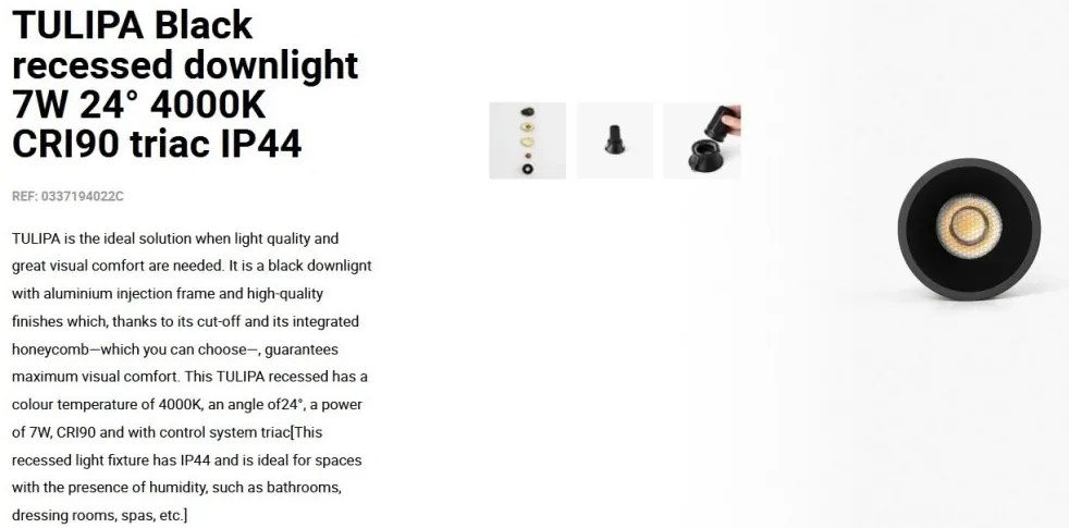 Spot LED incastrabil TULIPA Black recessed downlight 7W 24° 4000K CRI90 triac IP44